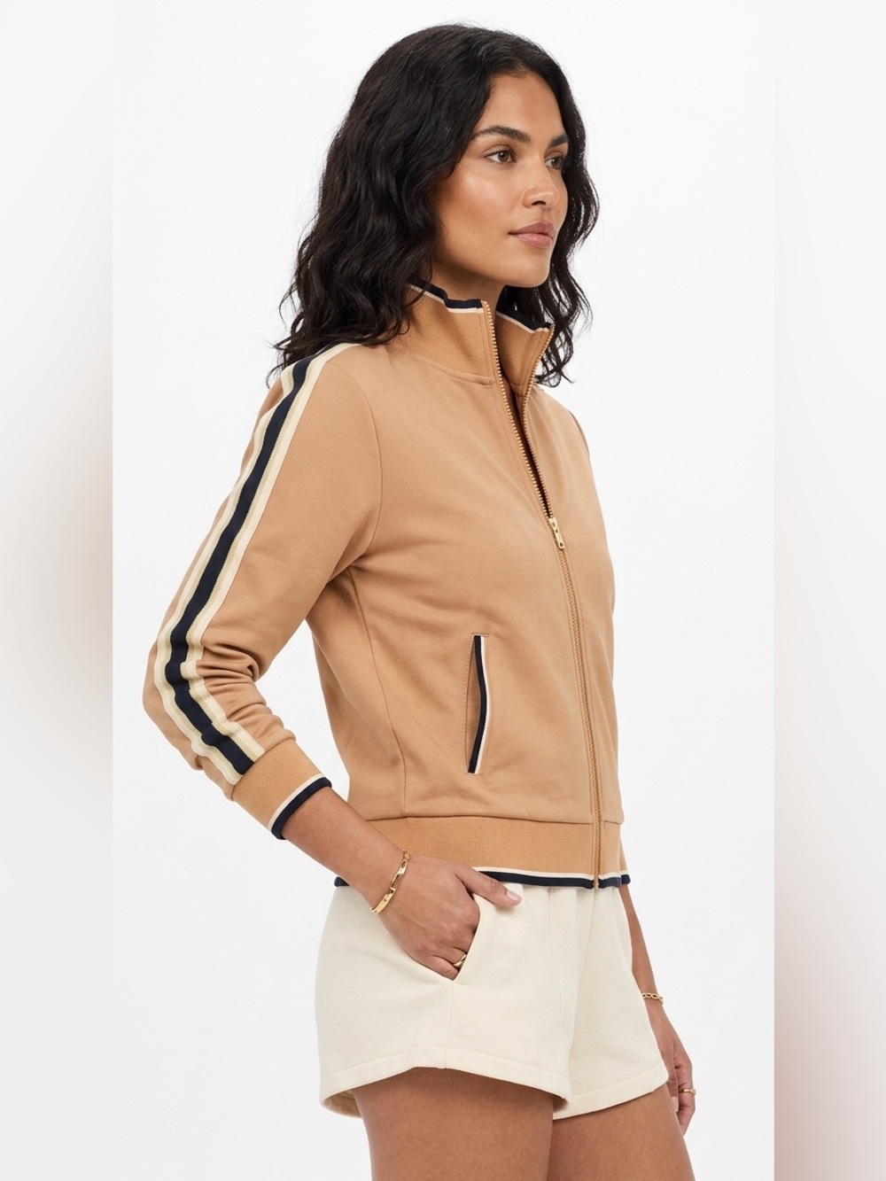 The Upside Camel Varsity Jacket with Navy & Cream Stripes